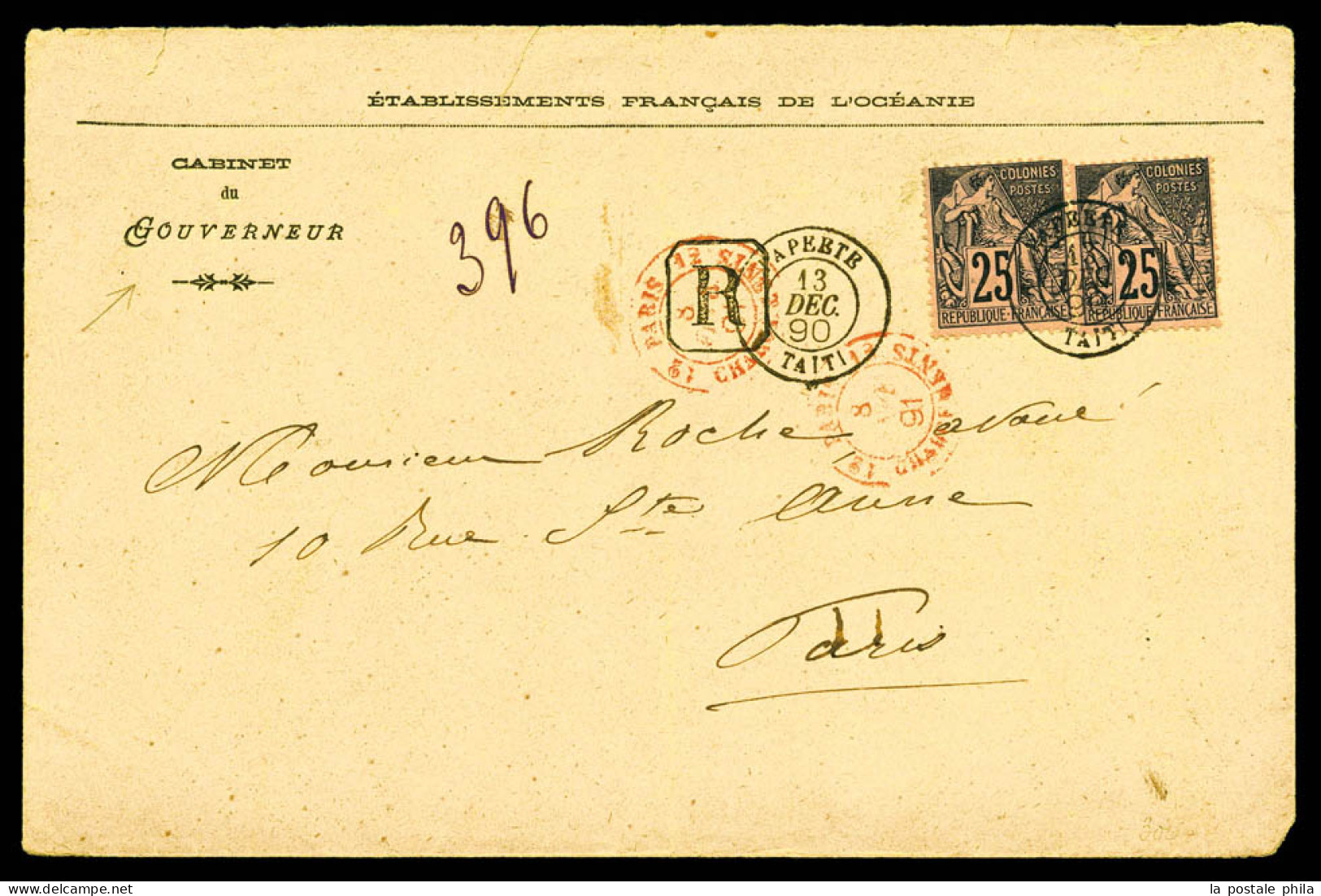 O 25c Noir Sur Rose (colonies Grles N°24) Obl Càd De PAPEETE Du 12 Dec 1890 + Càd Rouge '12 PARIS CHARGEMENTS' Sur Lettr - Lettres & Documents