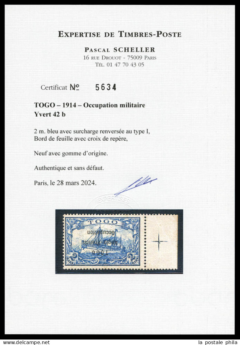 * N°42b, 2 M Bleu: Surcharge Renversée Au Type I, Bord De Feuille Avec Croix De Repère. PIECE SUPERBE. R.R.R. (certifica - Unused Stamps
