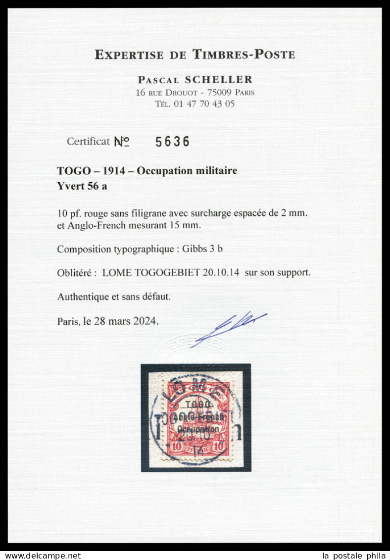 O N°56a, 10 Pf Rouge Sans Filigrane Obl Càd De LOME Le 20 Oct 1914 Sur Son Support. SUPERBE. R.R. (certificats)  Qualité - Usati