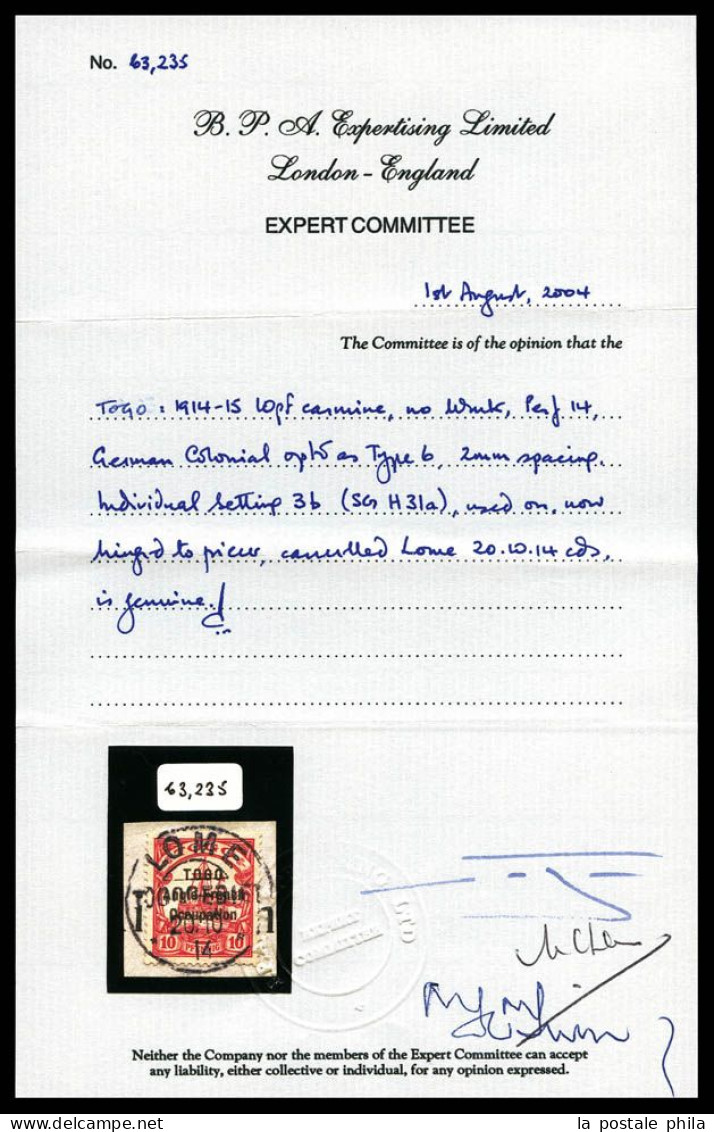 O N°56a, 10 Pf Rouge Sans Filigrane Obl Càd De LOME Le 20 Oct 1914 Sur Son Support. SUPERBE. R.R. (certificats)  Qualité - Usados