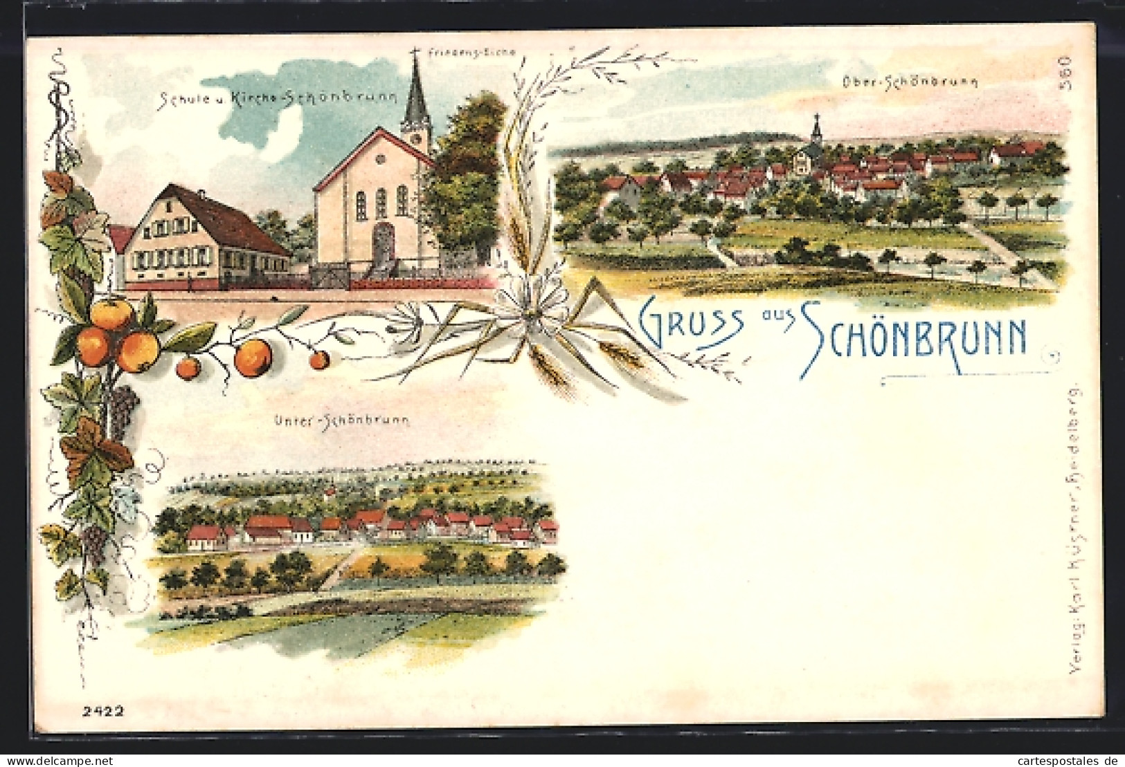 Lithographie Schönbrunn / Baden, Schule U. Kirche Mit Friedenseiche, Unter-Schönbrunn, Ober-Schönbrunn  - Baden-Baden