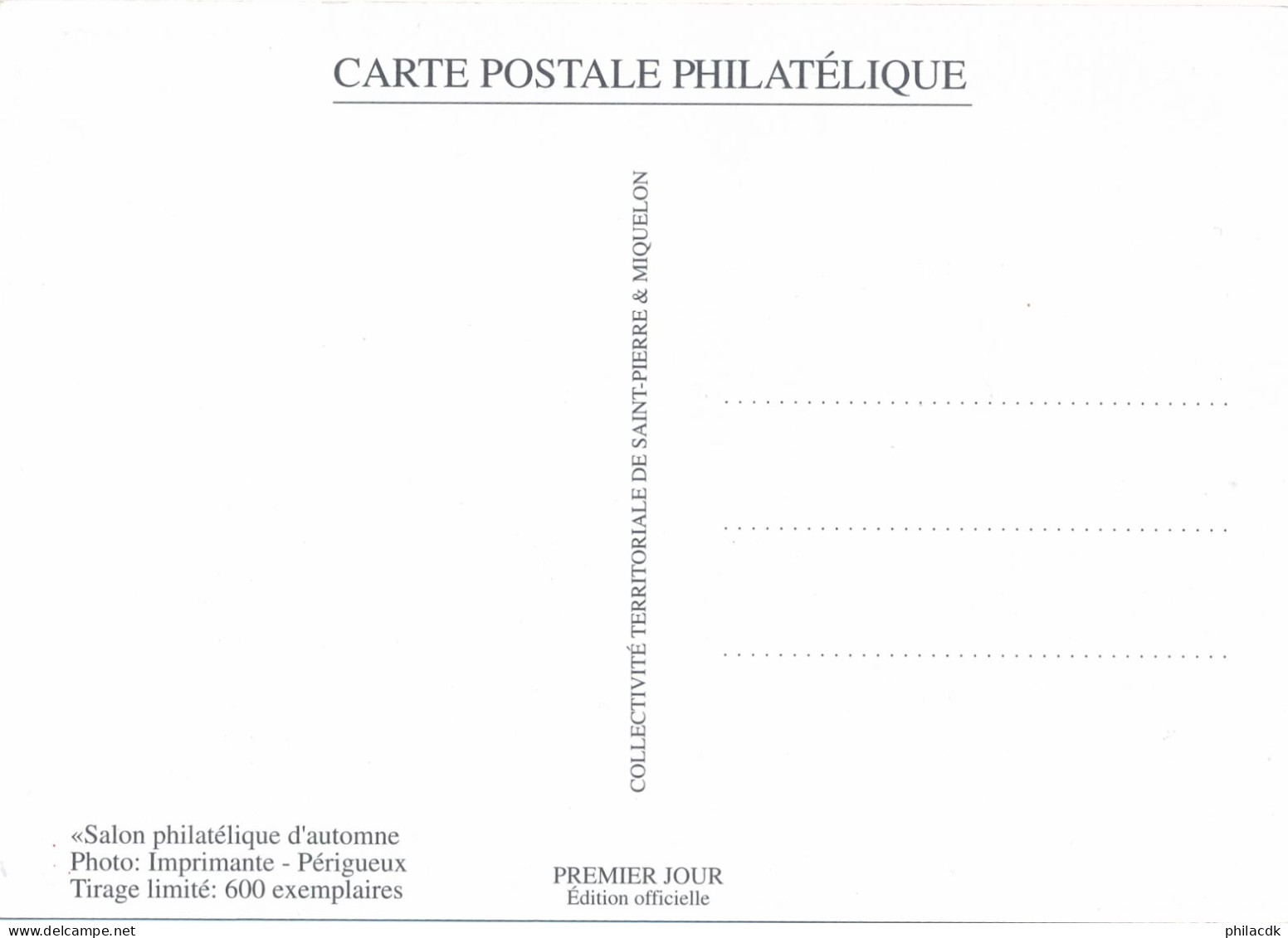 SAINT PIERRE ET MIQUELON - CARTE MAXIMUM SALON PHILATELIQUE D AUTOMNE DU 6 NOVEMBRE 1996 - Maximum Cards