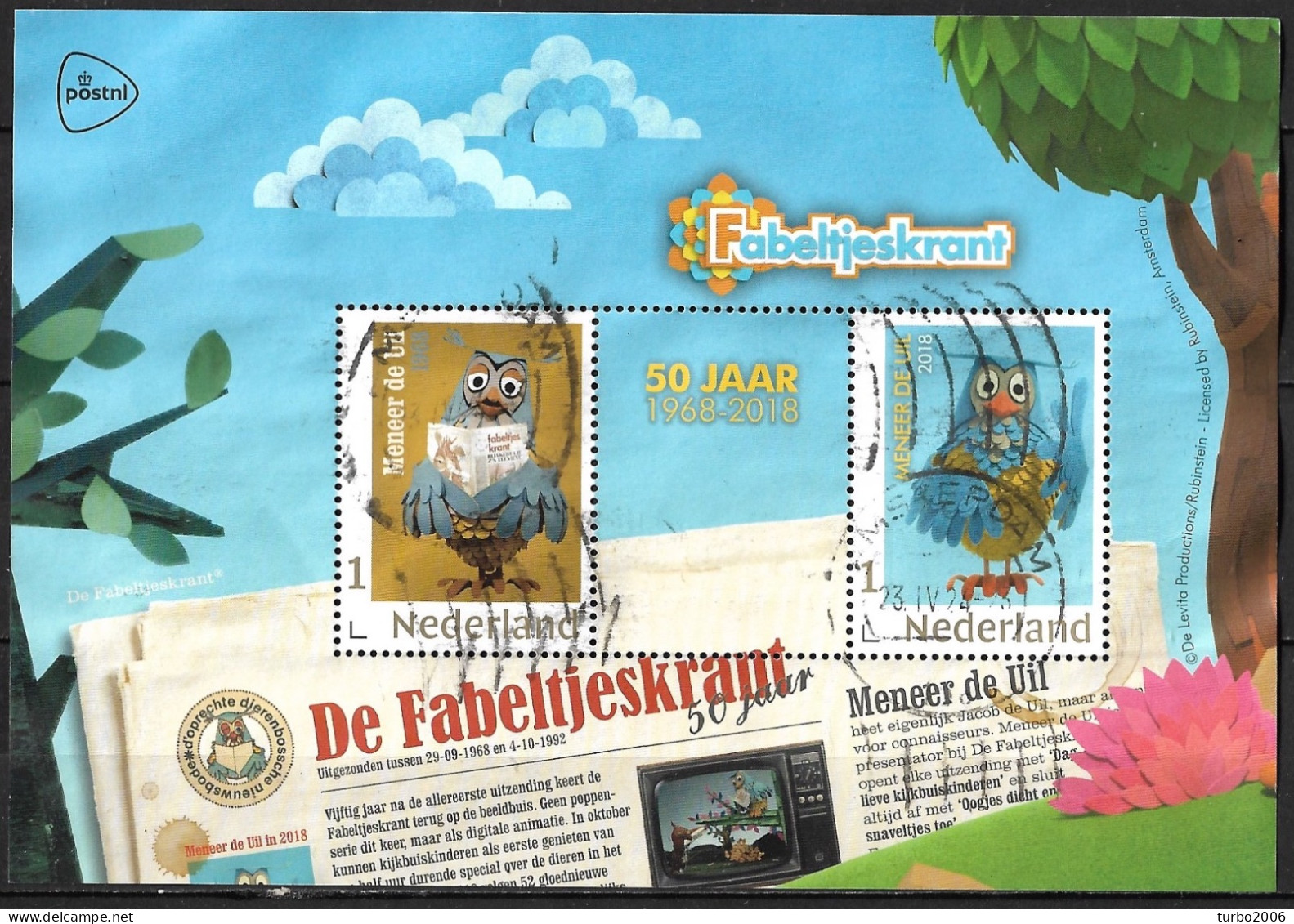 2018 De Fabeltjeskrant Meneer De Uil NVPH Als 3678 2 X In Gestempeld Velletje - Personalisierte Briefmarken