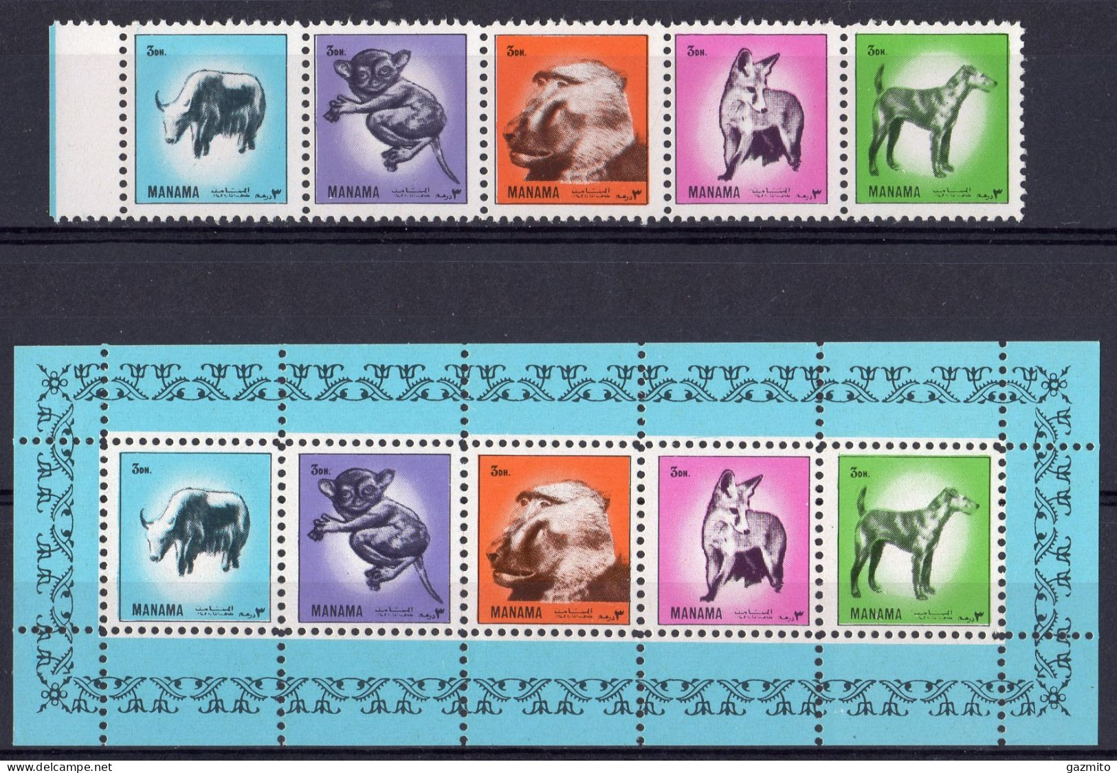 Manama 1972, Animals, Monkey, Dog, 5val +5val In Block - Monkeys