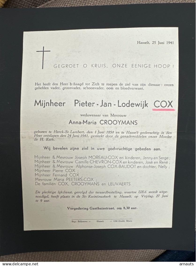 Pieter-Jan Cox Wed Crooymans Anna-Maria *1854 Herk-de-Lambert +1941 Hasselt Chevron Leuvaerts - Obituary Notices