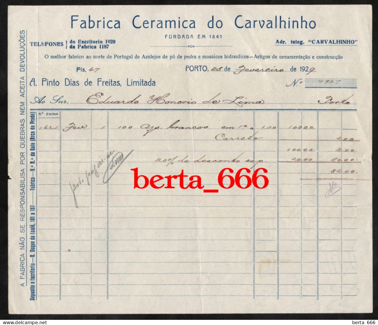 Fabrica Ceramica Do Carvalhinho * Porto * Gaia * Factura 1929 - Portogallo