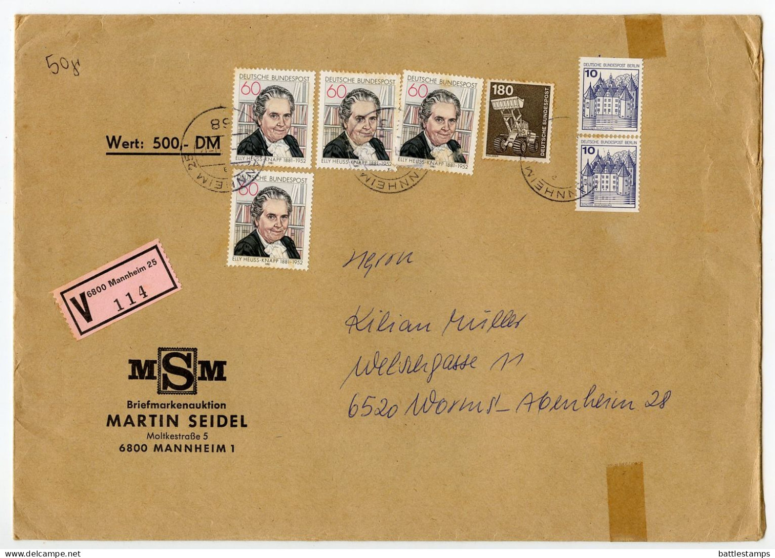 Germany, West 1981 Insured V-Label Cover; Mannheim To Worms-Abenheim; Mix Of Stamps - Briefe U. Dokumente