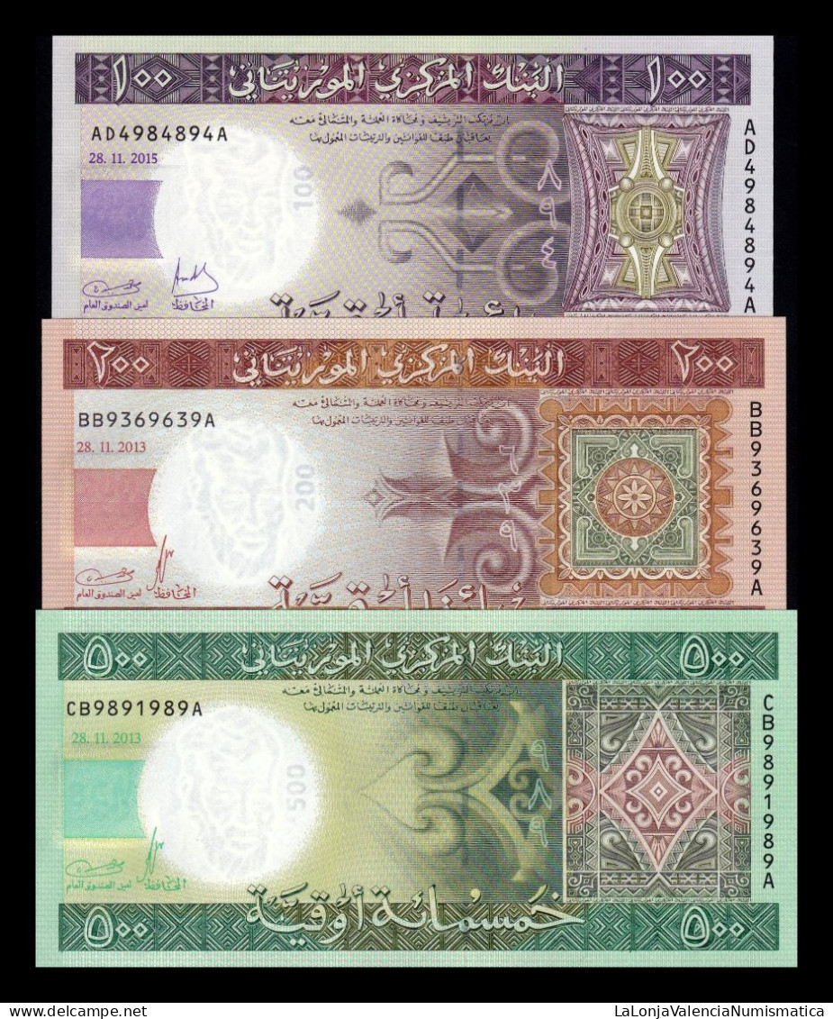 Mauritania Set 3 Banknotes 100 200 500 Ouguiya 2013-2015 Pick 16b 17 18 Capicua Sc Unc - Mauritania