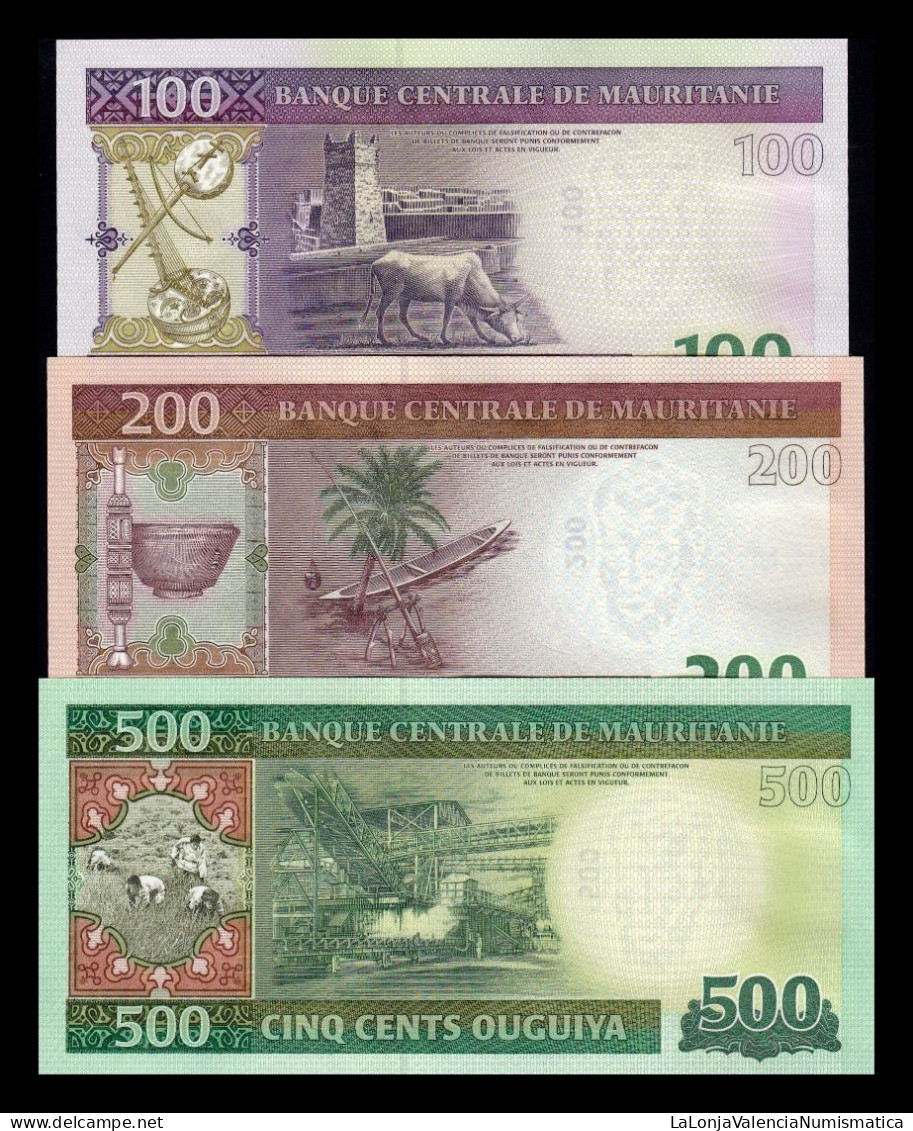 Mauritania Set 3 Banknotes 100 200 500 Ouguiya 2013-2015 Pick 16b 17 18 Capicua Sc Unc - Mauritanië