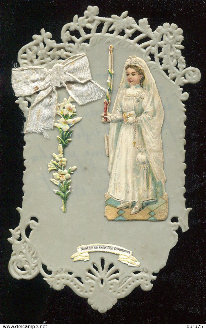 Image Celluloïd Ajoutis Chromos Communiante Ruban Soie Souvenir 1ère Communion Raymonde Blombry Eglise N.D. Clichy 1924 - Imágenes Religiosas