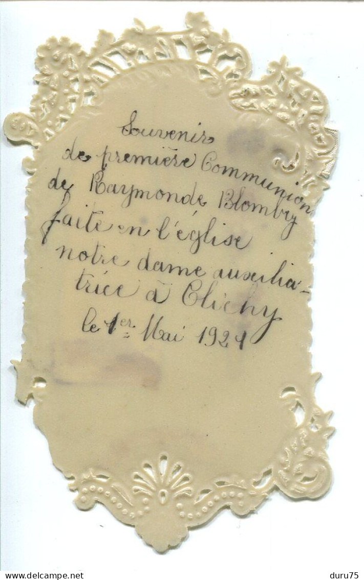 Image Celluloïd Ajoutis Chromos Communiante Ruban Soie Souvenir 1ère Communion Raymonde Blombry Eglise N.D. Clichy 1924 - Images Religieuses