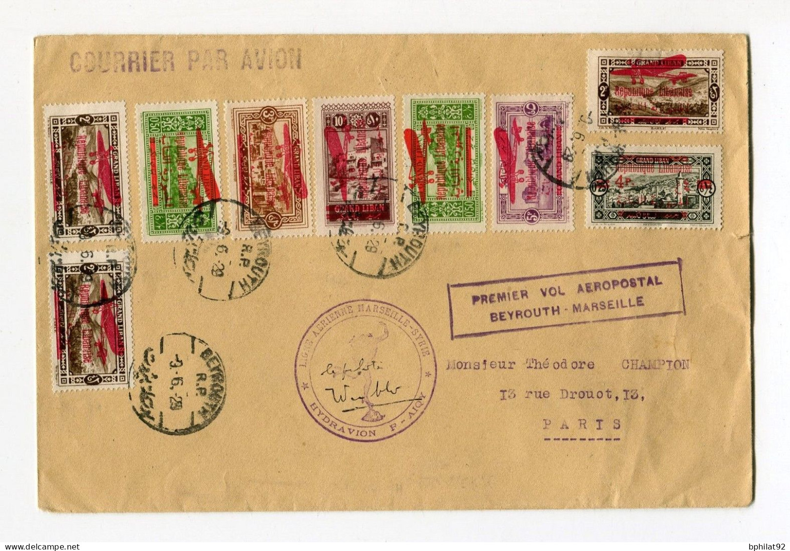 !!! 1ER VOL  AEROPOSTAL BEYROUTH MARSEILLE, LETTRE DE DAMAS DU 3/6/1929 POUR PARIS SIGNEE PAR LE PILOTE WINCKLER - Eerste Vluchten