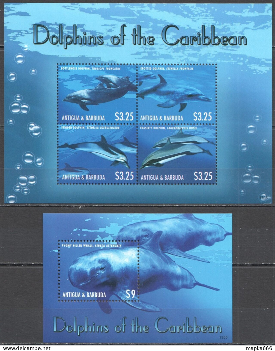 Ft080 2013 Antigua & Barbuda Dolphins Of The Caribbean Fauna #5099-02+Bl712 Mnh - Marine Life