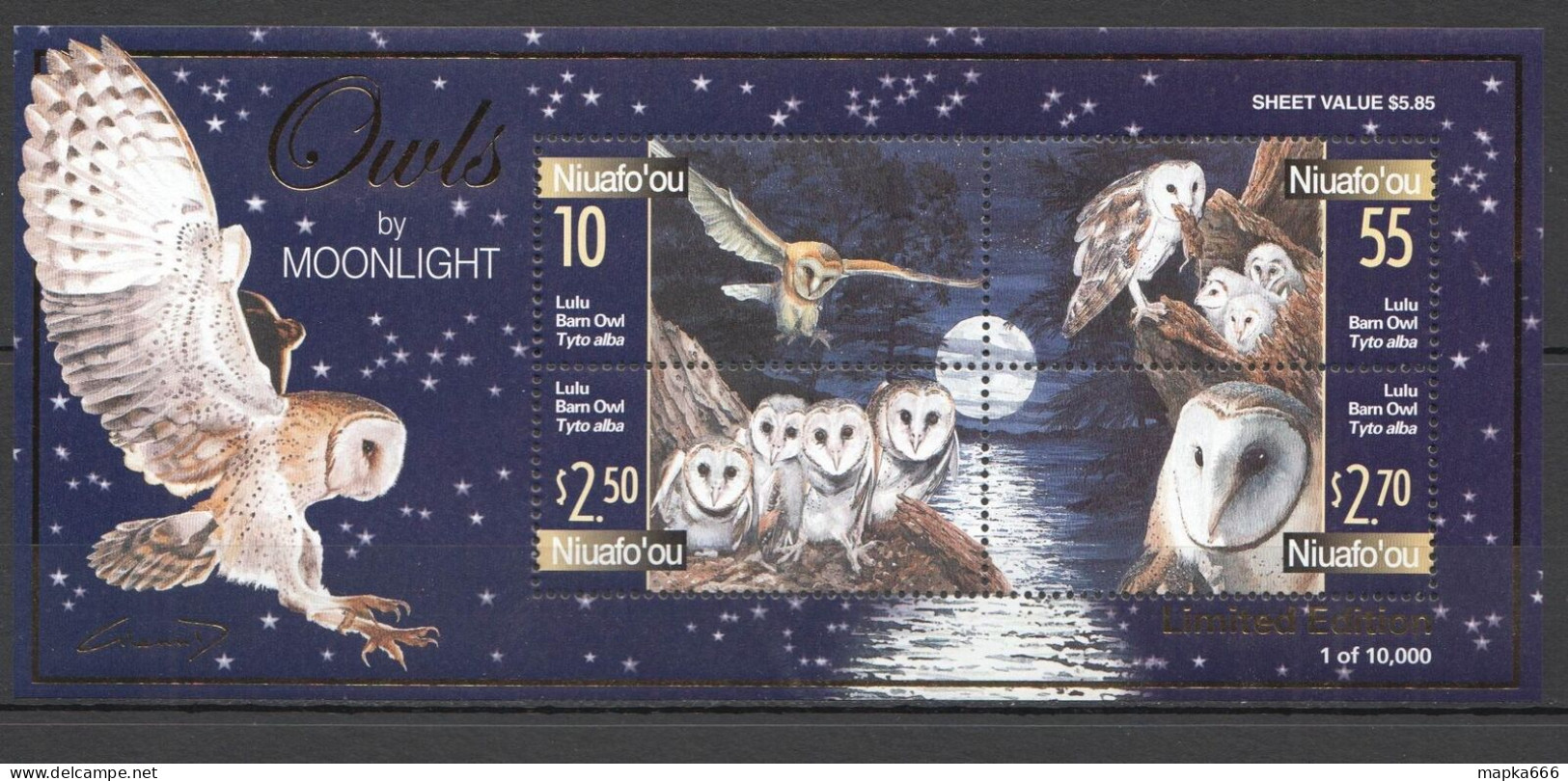 Ft085 2001 Niuafo'Ou Birds Owls By Moonlight ! Gold Foil #382-85 1Kb Mnh - Autres & Non Classés