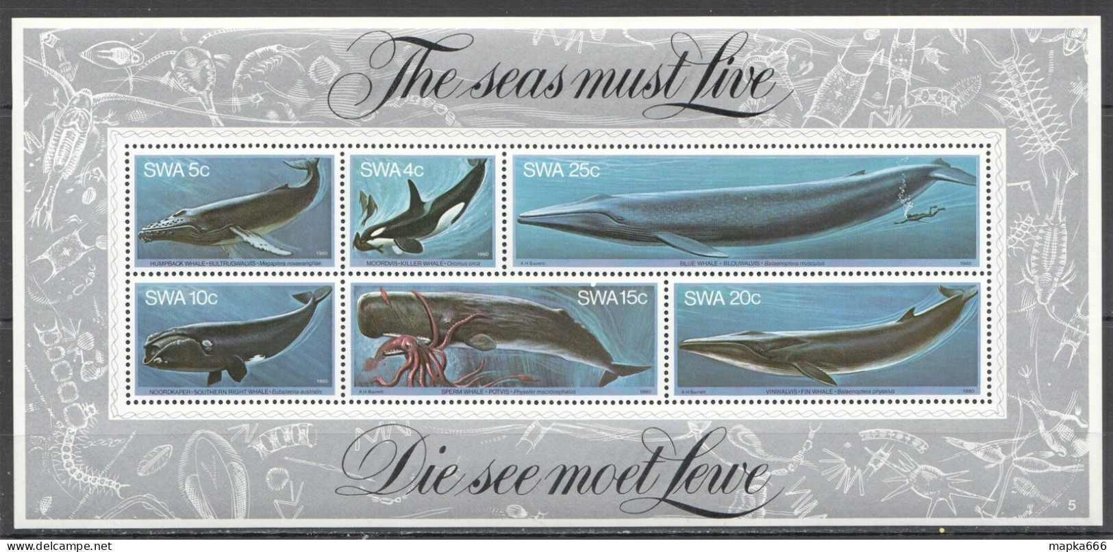 Ft087 1980 Namibia South Africa Swa Whales Marine Life #466-71 Bl5 Mnh - Marine Life