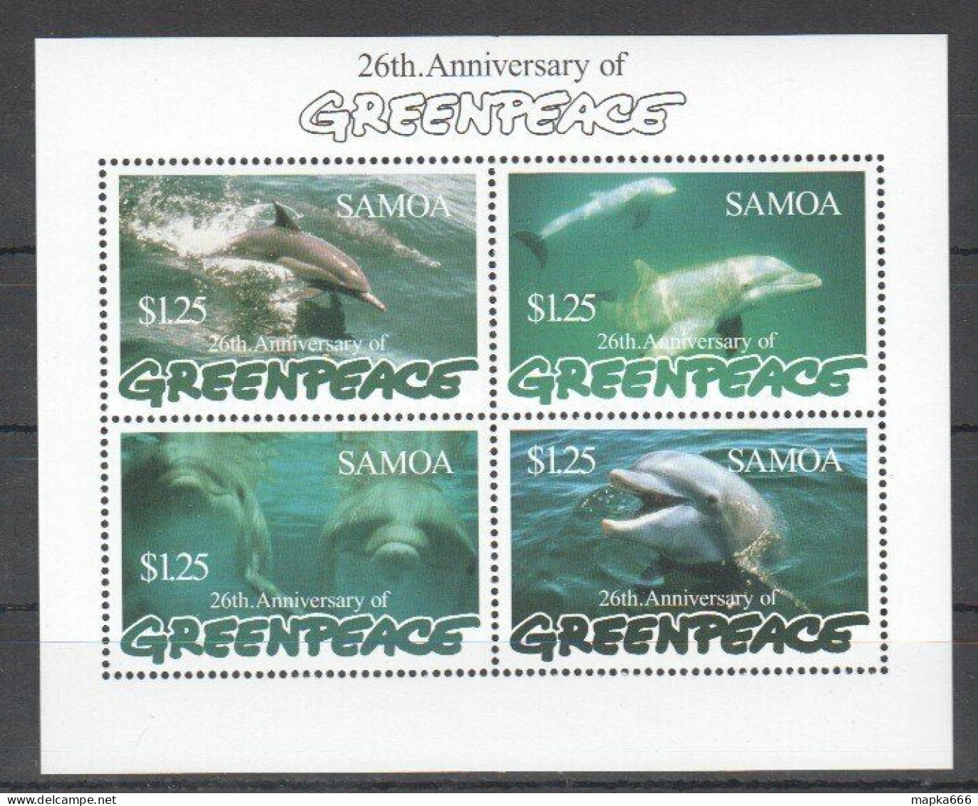 Ft092 1997 Samoa Dolphins Marine Life Greenpeace Fauna #864-7 Bl62 Mnh - Marine Life