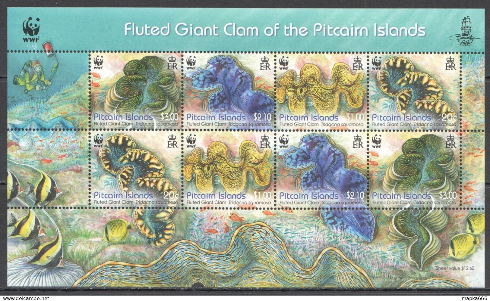 Ft103 2012 Pitcairn Islands Wwf Fluted Giant Clam Michel 25 Euro #865-8 1Kb Mnh - Vita Acquatica