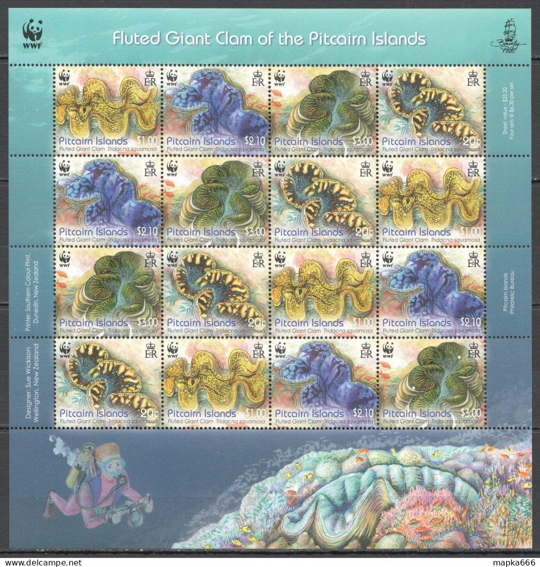 Ft104 2012 Pitcairn Islands Wwf Fluted Giant Clam Michel 50 Euro #865-8 1Sh Mnh - Marine Life