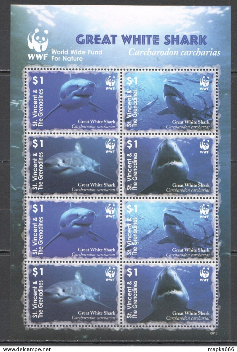 Ft106 2006 St. Vincent Wwf Great White Shark  Marine Life #6282-85 1Kb Mnh - Vita Acquatica