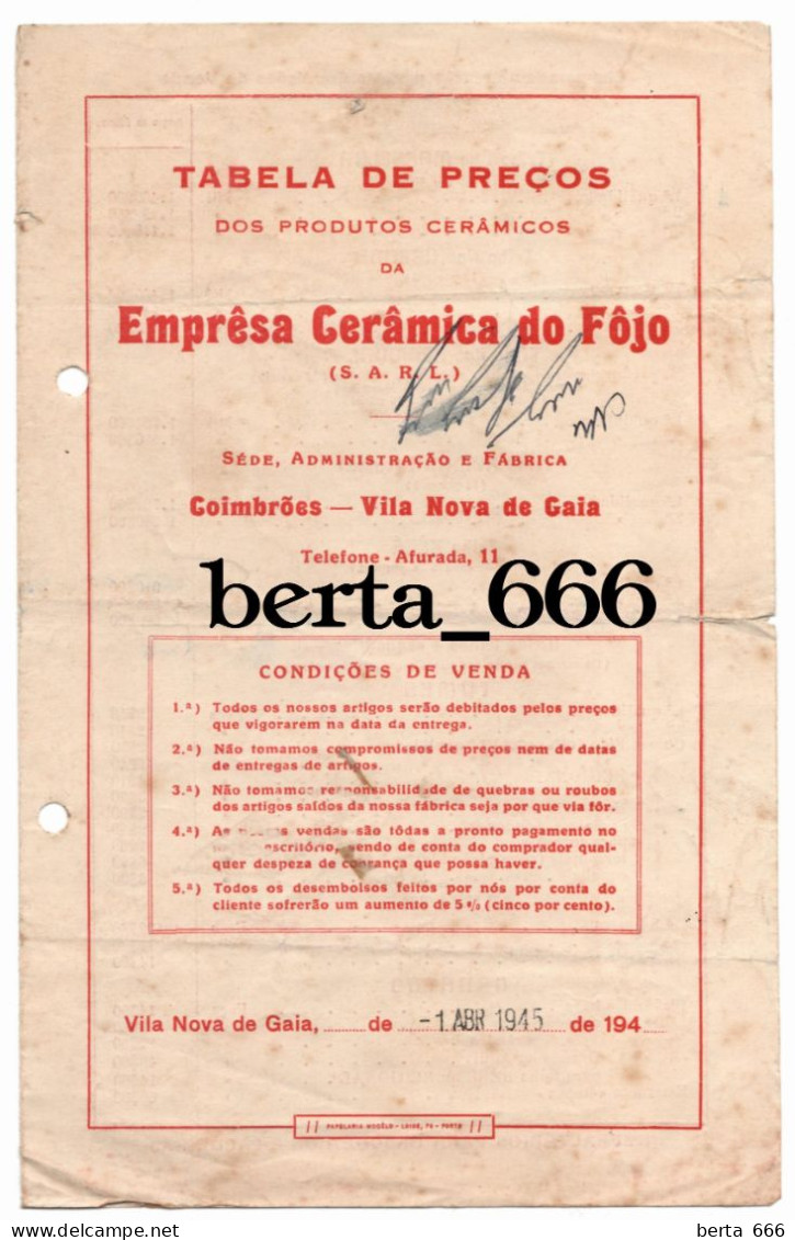 Empresa Cerâmica Do Fojo * Gaia * Tabela De Preços * 1945 - Portugal