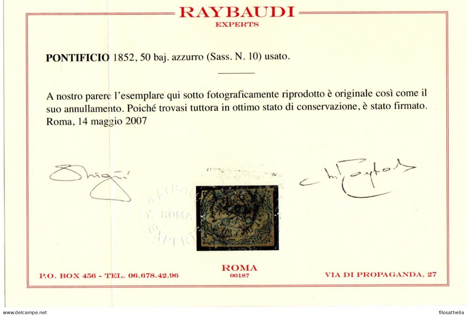 1852 Pontificio 50 Baj Usato Annullo Circolare Cert Raybaudi - Stato Pontificio