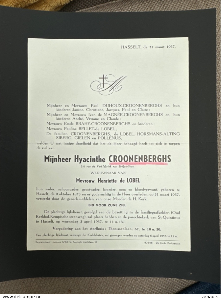 Hyacinthe Croonenberghs Wed De Lobel Henriette *1873 Hasselt +1957 Hasselt Duhoux De Magnée Brahy Altingsiberg Horsmans - Avvisi Di Necrologio