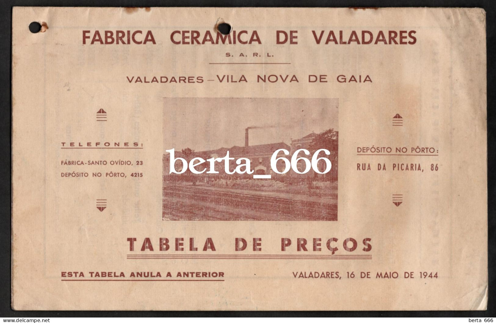 Fábrica Cerâmica De Valadares * Gaia * Tabela De Preços (Livro) * 1944 - Portogallo