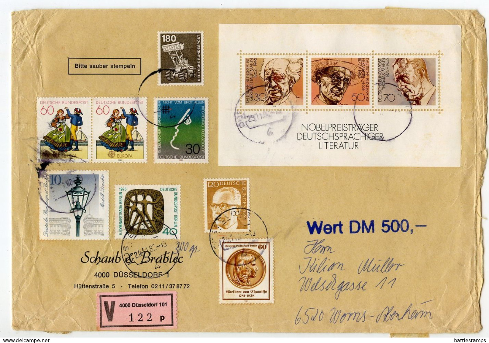 Germany, West 1982 Insured V-Label Cover; Düsseldorf To Worms-Abenheim; Mix Of Stamps - Lettres & Documents