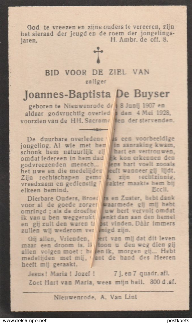Nieuwenrode, 1928, Joannes De Buyser - Images Religieuses