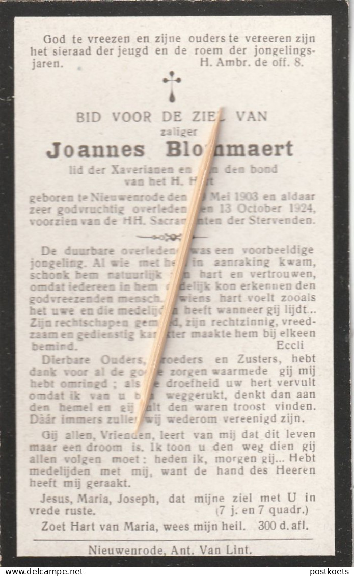 Nieuwenrode, 1924, Joannes Blommaert, - Images Religieuses