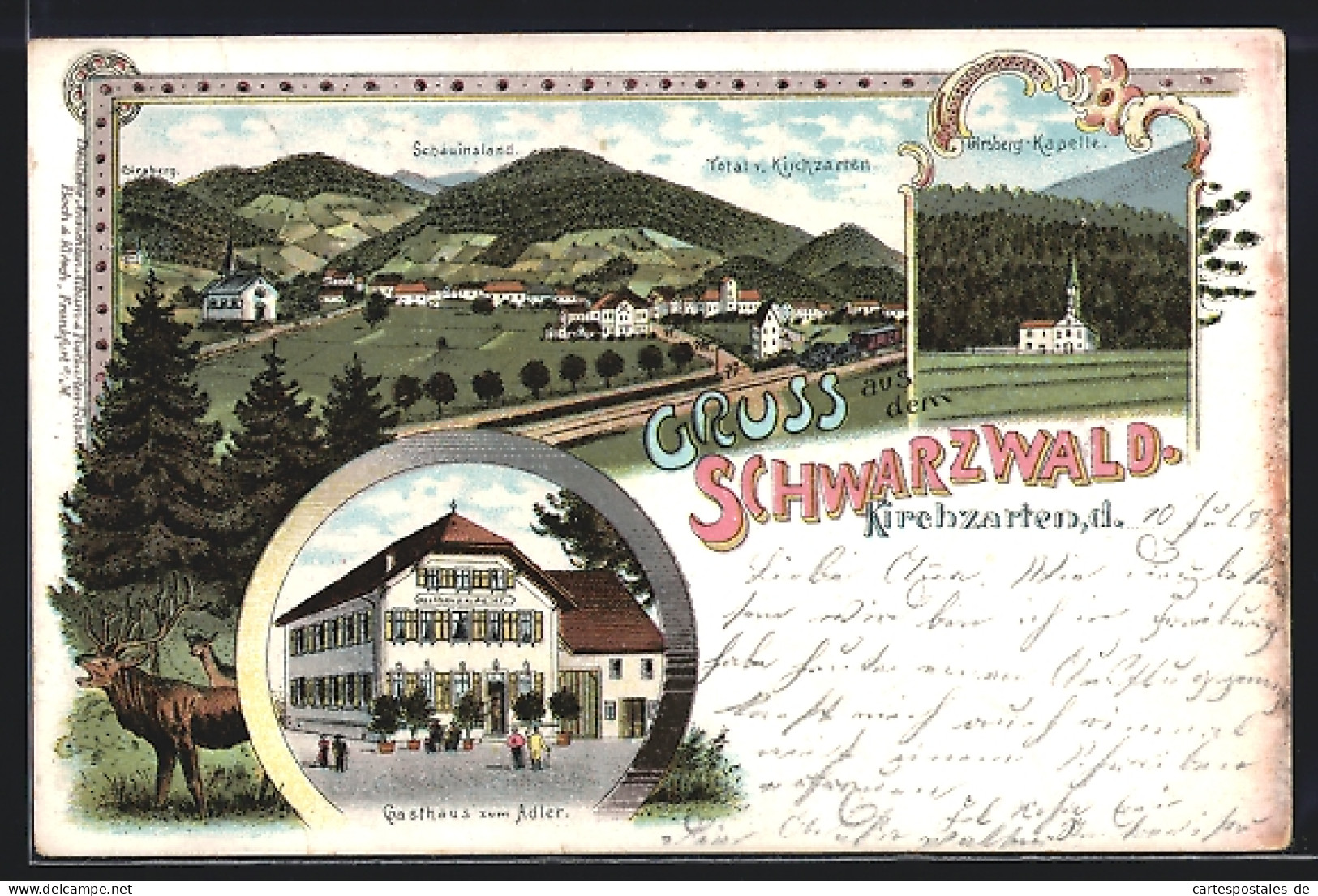 Lithographie Kirchzarten, Gasthaus Zum Adler, Girsberg-Kapelle  - Kirchzarten