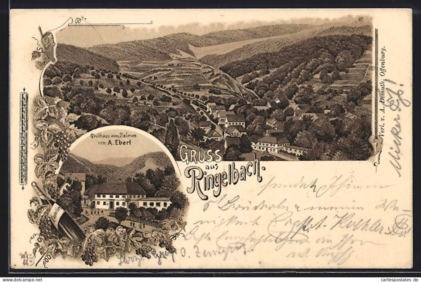 Lithographie Ringelbach / Schwarzwald, Gasthaus Zum Salmen Und Ortspanorama  - Sonstige & Ohne Zuordnung