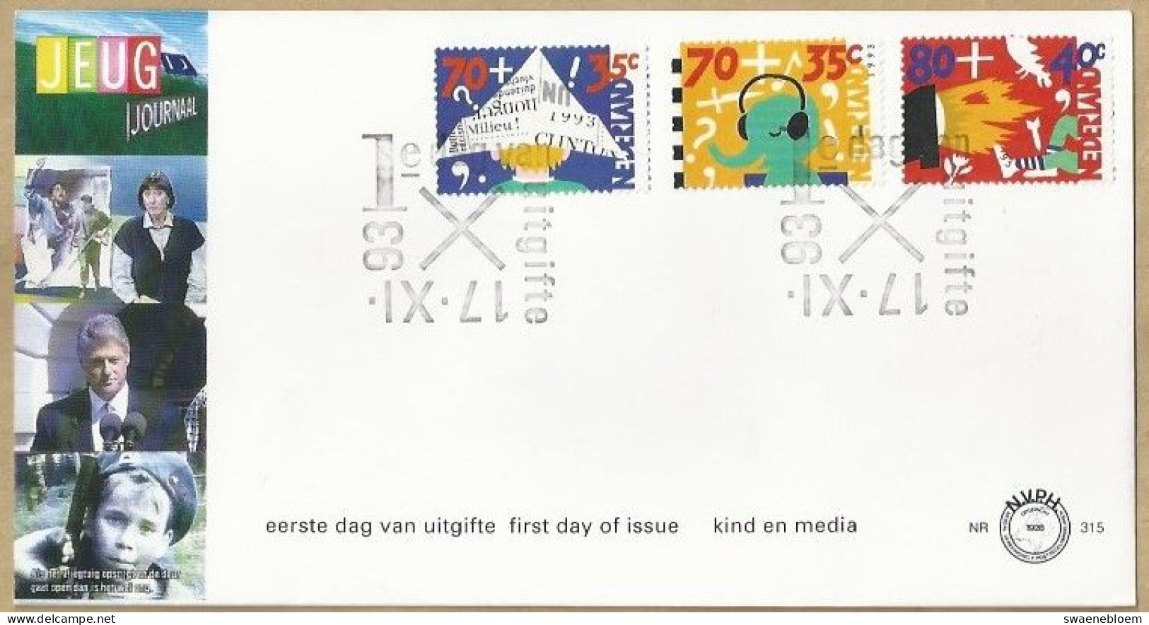 NL.- FDC. NVPH Nr. 315. EERSTE DAG VAN UITGIFTE. FIRST DAY OF ISSUE. 17-11-1993. JEUGD JOURNAAL. - FDC