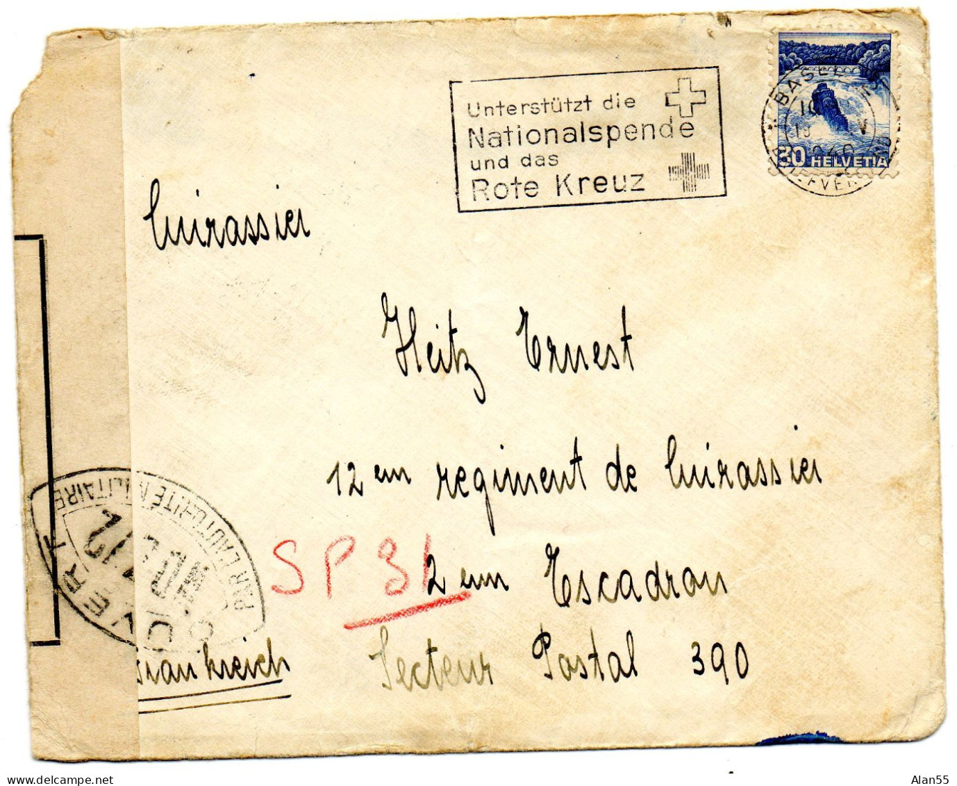 SUISSE.1940.   OMEC "ROTE KREUZ ».  CROIX-ROUGE".CENSURE  FRANCE « WD372 » POUR SECTEUR POSTAL 390. - 2. Weltkrieg