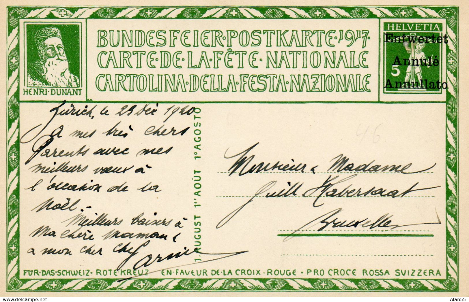 SUISSE.1917. ENTIER  POSTAL SURCHARGE.CROIX-ROUGE. »HENRI DUNANT ».POUR LA BELGIQUE - Croce Rossa