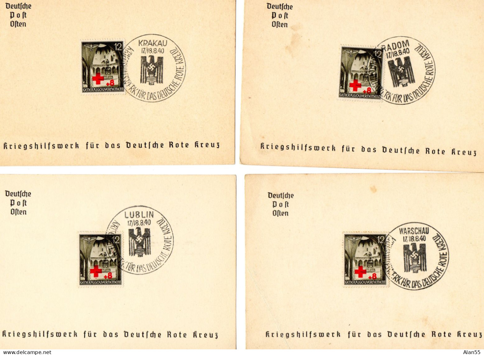 POLOGNE-OCCUP.ALLEMANDE. 1940. 4 OBLIT. DEUTSCHE ROTE KREUZ...KRAKAU.LUBLIN.RADOM.WARSCHAU. - Rode Kruis