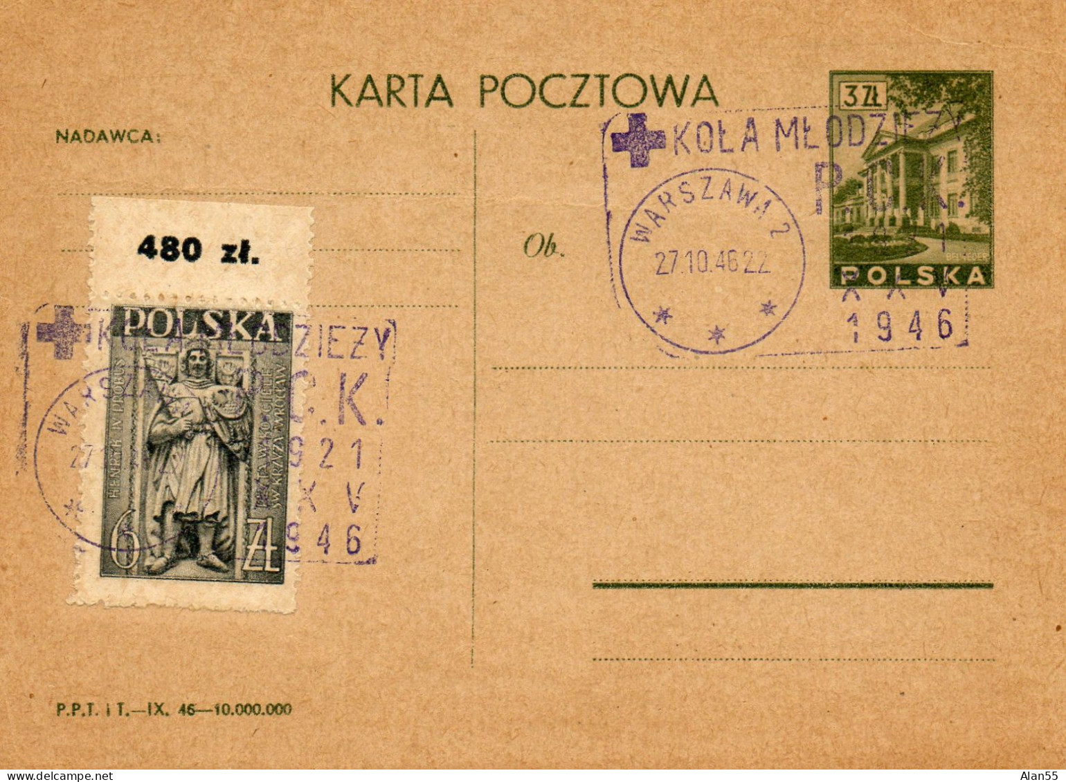 POLOGNE. 1946.RARE ENTIER POSTAL.OBLITERATION CROIX-ROUGE. - Red Cross