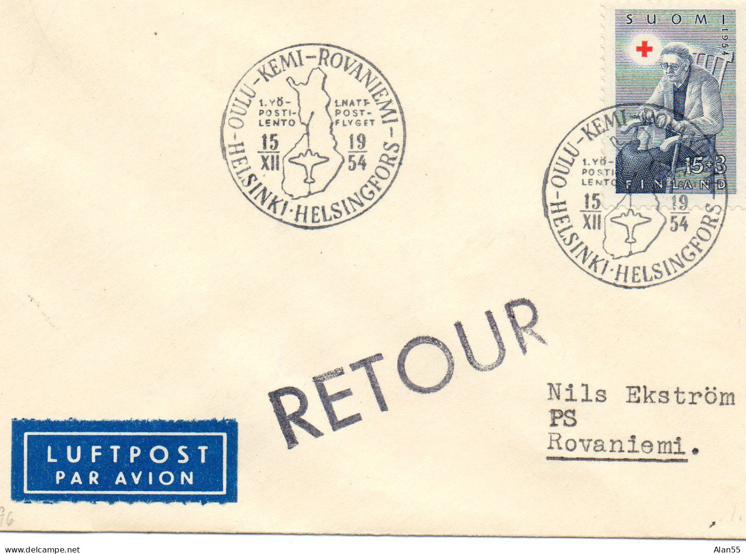 FINLANDE.1954.1ère LIAISON AERIENNE « OULU-KEMI-ROVANIEMI ». CROIX-ROUGE.... - Red Cross