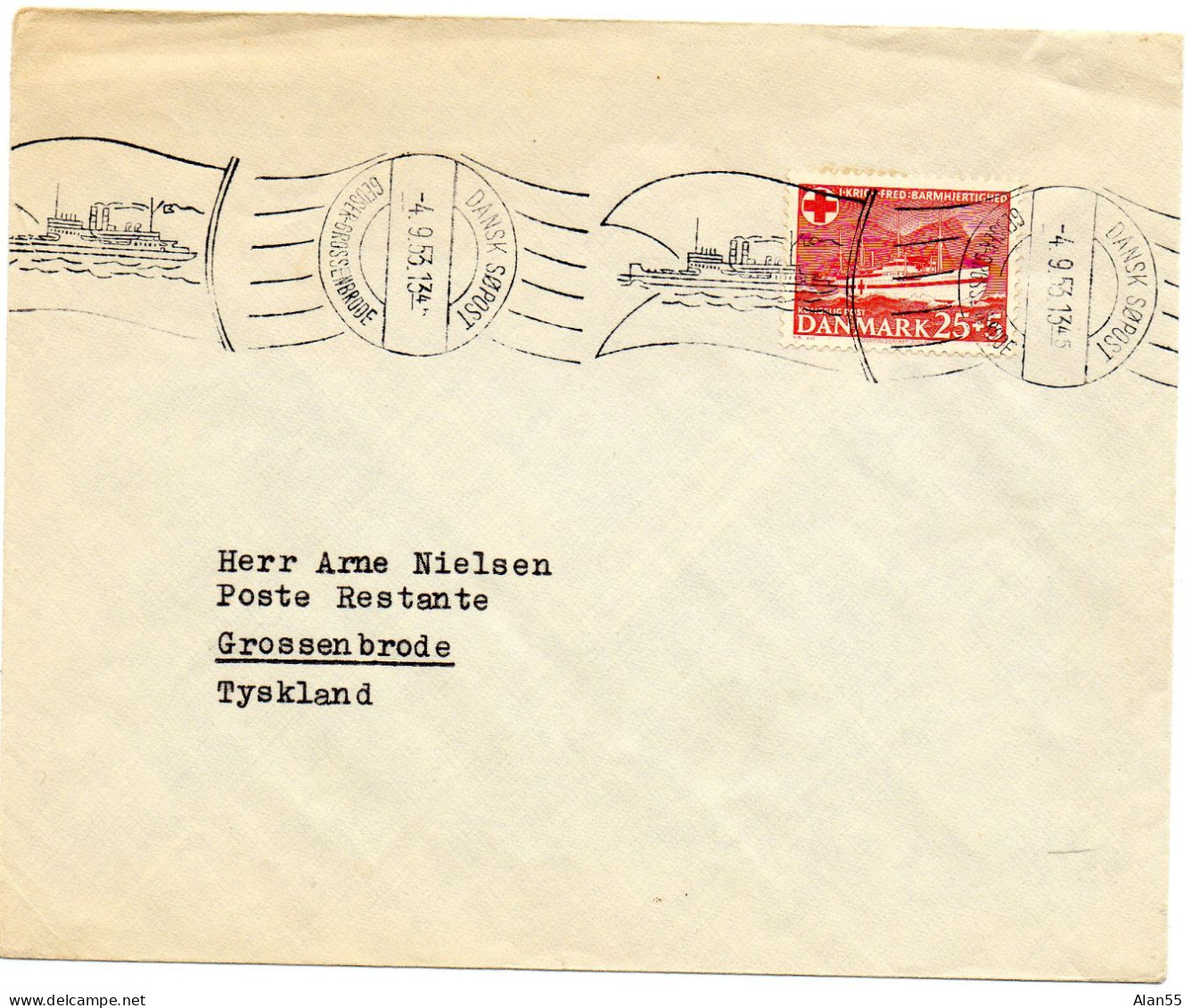 DANEMARK.1953.  FLAMME CONCORDANTE "NAVIRE HOPITAL...". CROIX-ROUGE. - Croce Rossa