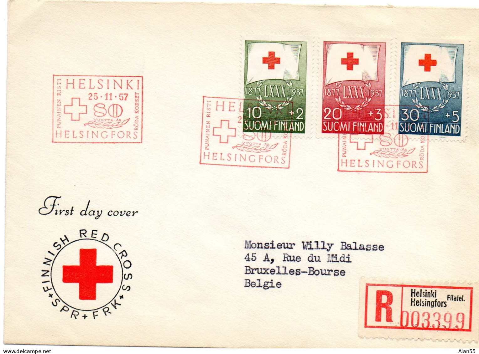 FINLANDE.1957. SERIE CROIX-ROUGE.FDC.   LETTRE REC.  Pour La BELGIQUE. - Rode Kruis