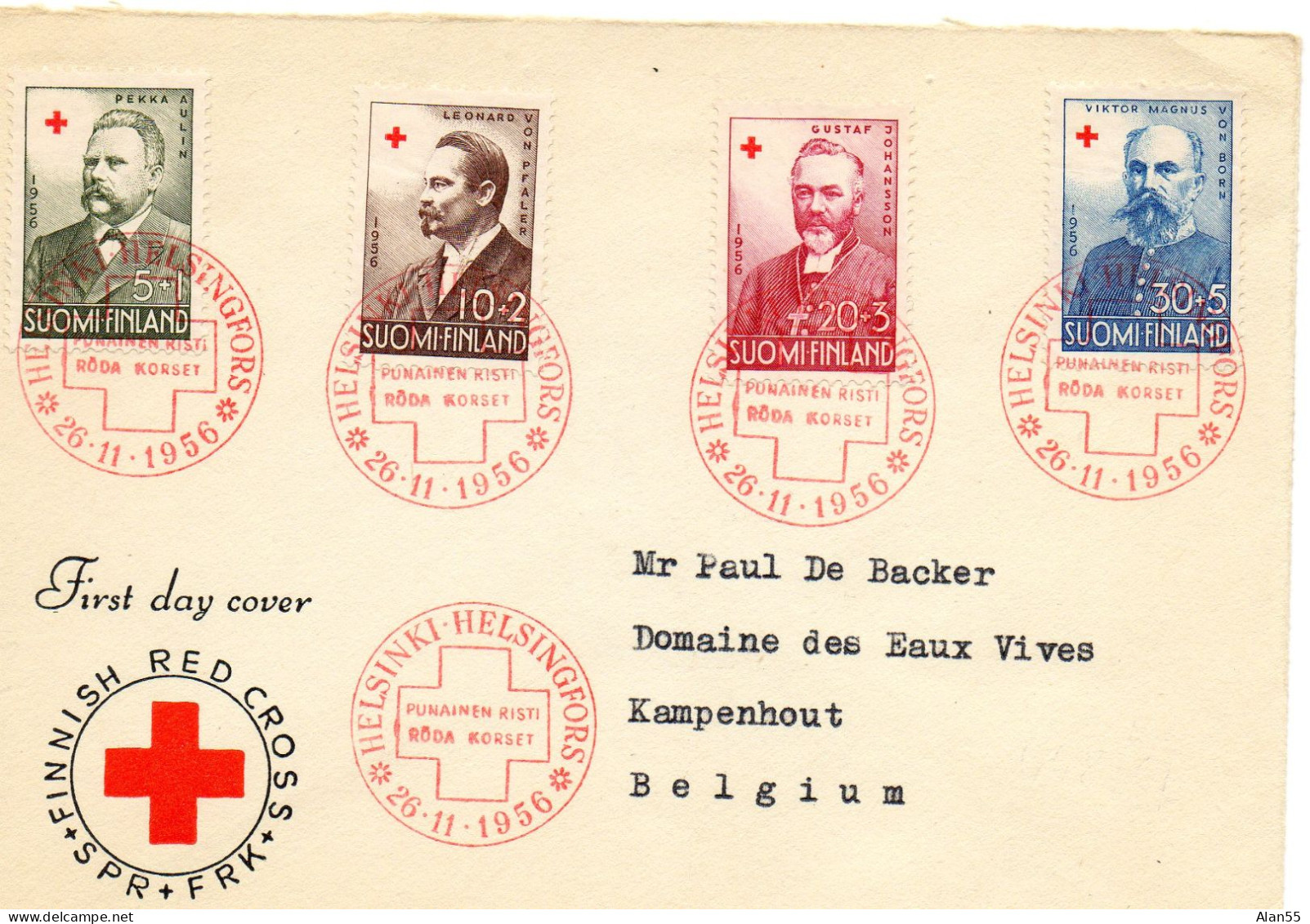 FINLANDE.1956.  SERIE CROIX-ROUGE.FDC  Pour La BELGIQUE. - Cruz Roja