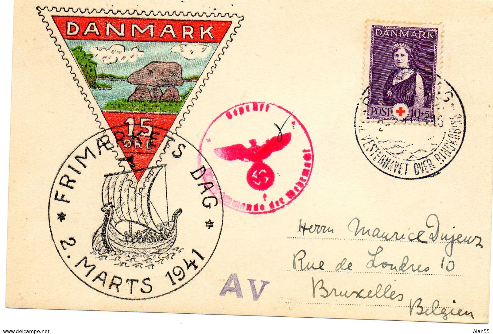 DANEMARK.1941. CROIX-ROUGE.  CENSURE ALLEMANDE Pour Belgique. - Cruz Roja