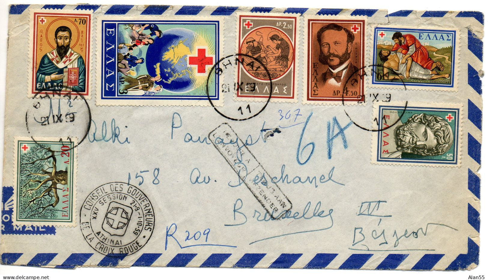 GRECE.1959.SERIE CROIX-ROUGE."CONSEIL DES GOUVERNEURS".TAXE AU RETOUR.LR Pour BELGIQUE - Red Cross