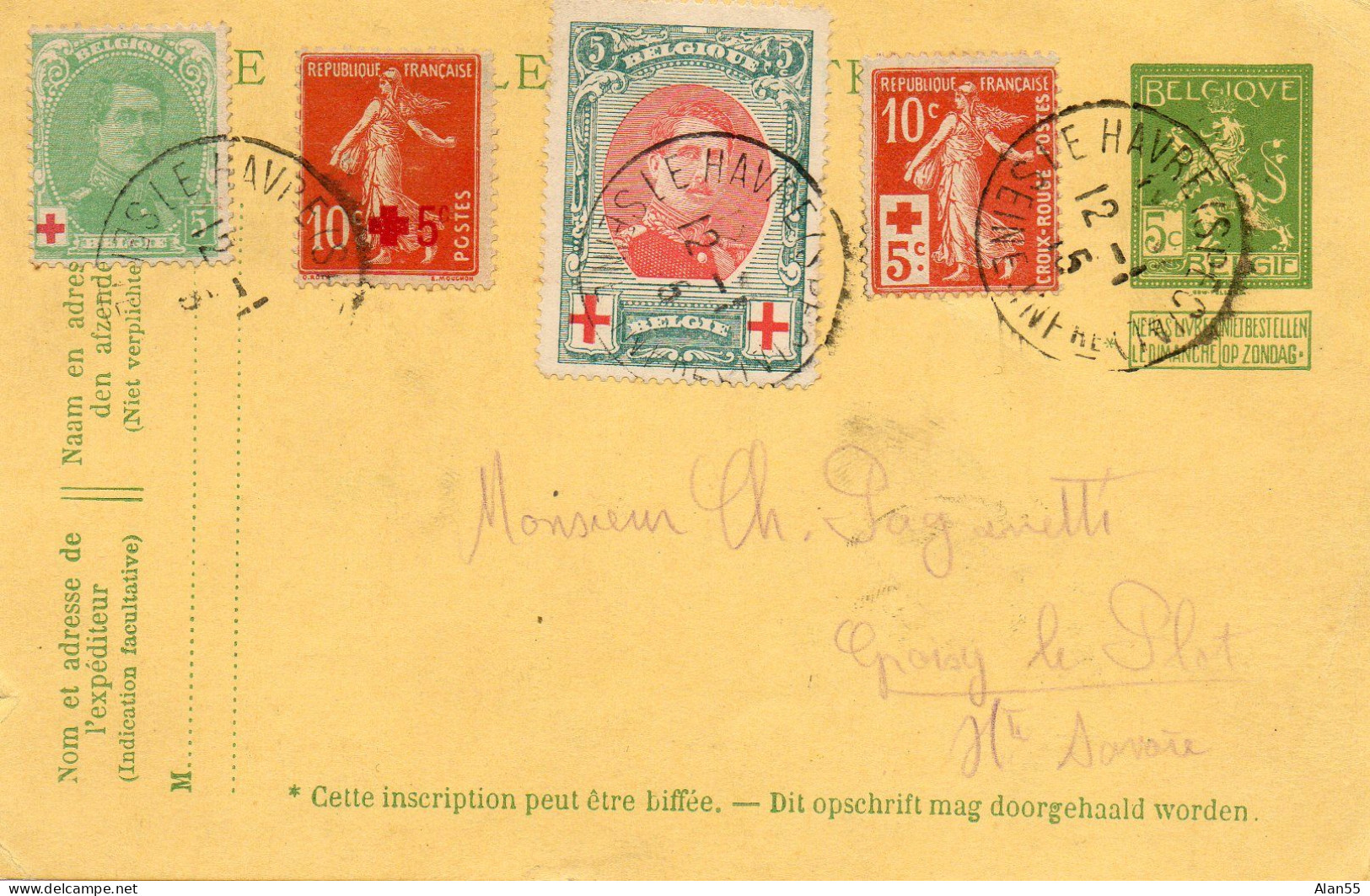 BELGIQUE-FRANCE.1915. AFFRANCHISSEMENT MIXTE. VARIETE. ENTIER POSTAL. OBLITERE "LE HAVRE-SPECIAL" - Croce Rossa