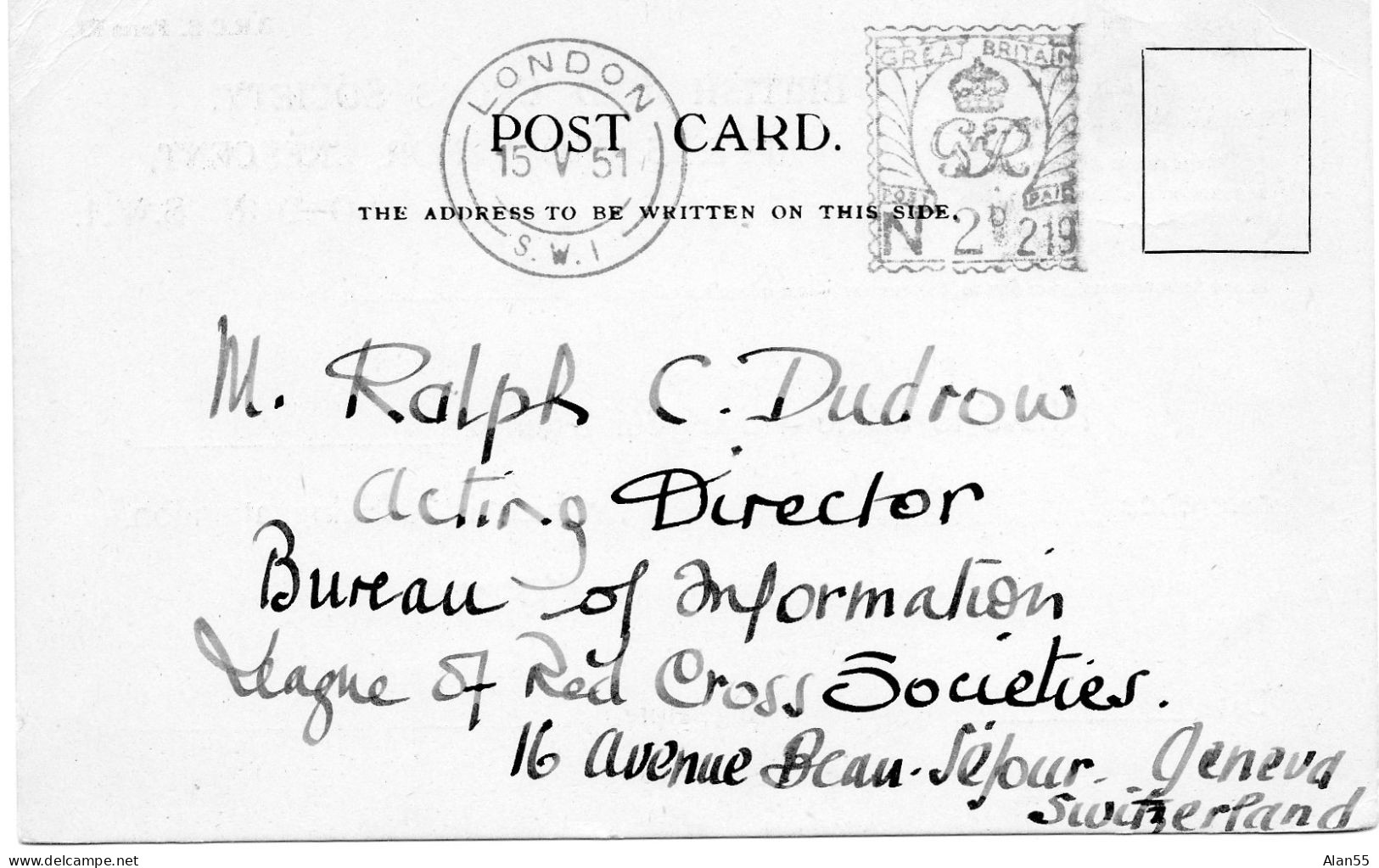 GRANDE-BRETAGNE.1951. "BRITISH RED CROSS SOCIETY".  CARTE BRCS.Form R1.pour SUISSE. - Rode Kruis