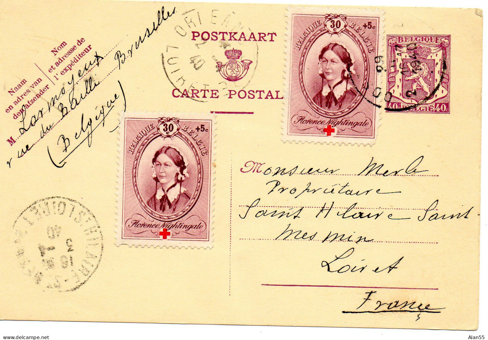 BELGIQUE-1940. "FLORENCE NIGHTINGALE". VARIETE.. ENTIER POSTAL. CROIX-ROUGE POUR LA FRANCE - Rotes Kreuz