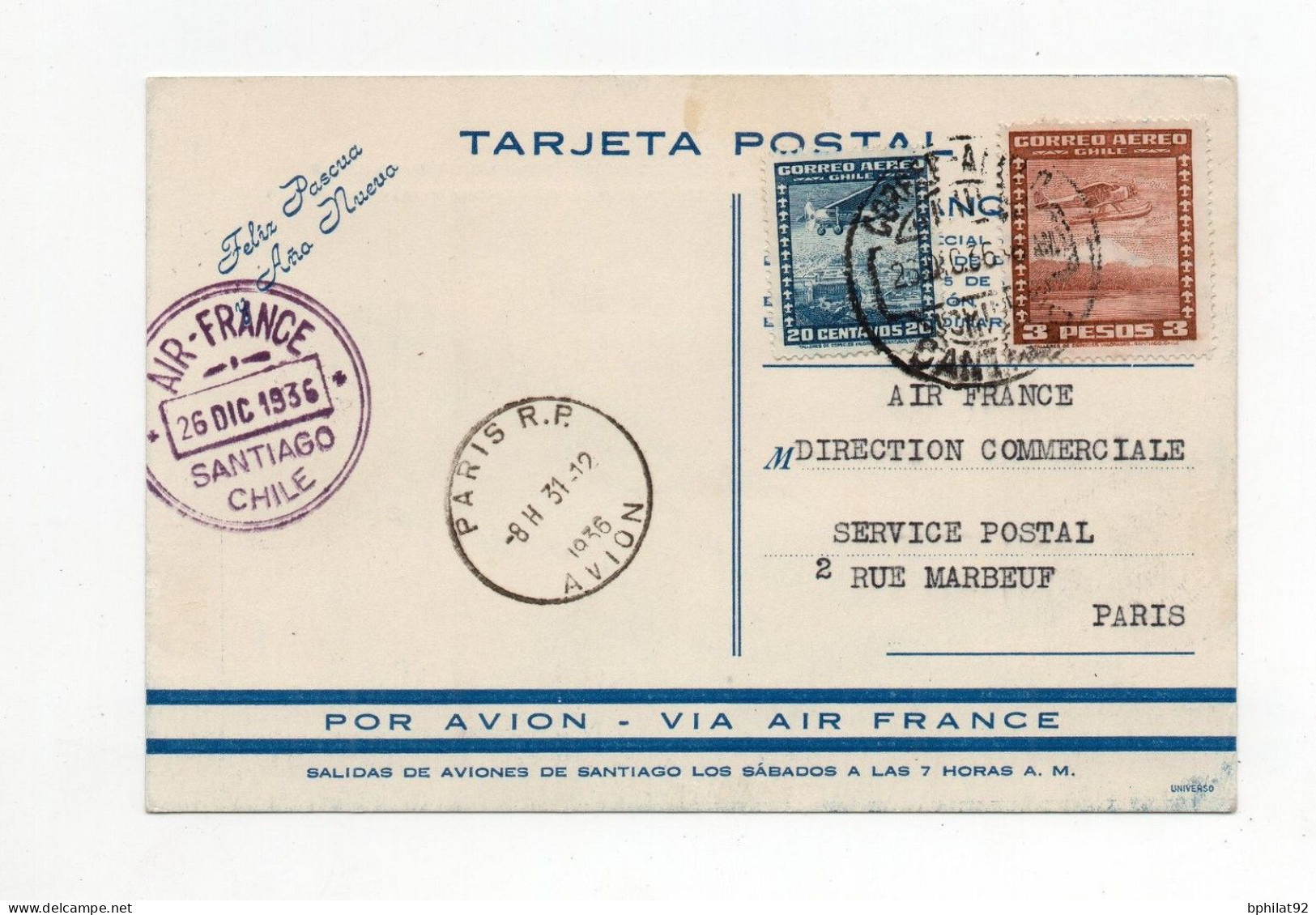 !!! CHILI, CARTE AIR FRANCE PAR AVION DE SANTIAGO POUR PARIS DU 26/12/1936 - Chili