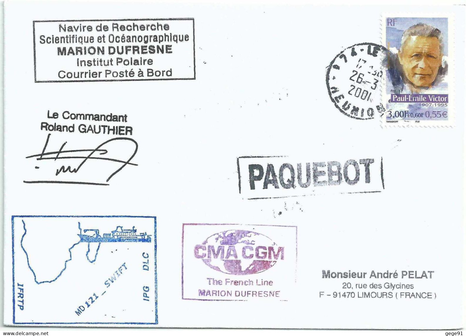 YT 3345 Paul Emile Victor - Posté à Bord Du MD - Paquebot - Le Port - La Réunion - 26/03/2001 - Covers & Documents