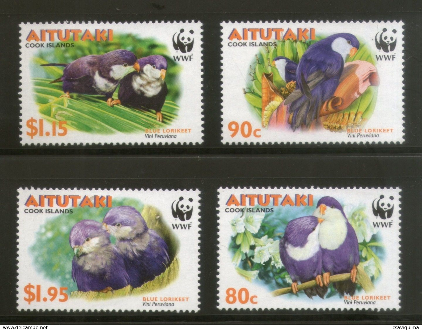 Aitutaki - 2002 - Birds: Parrot, WWF - Yv 589/92 - Papagayos