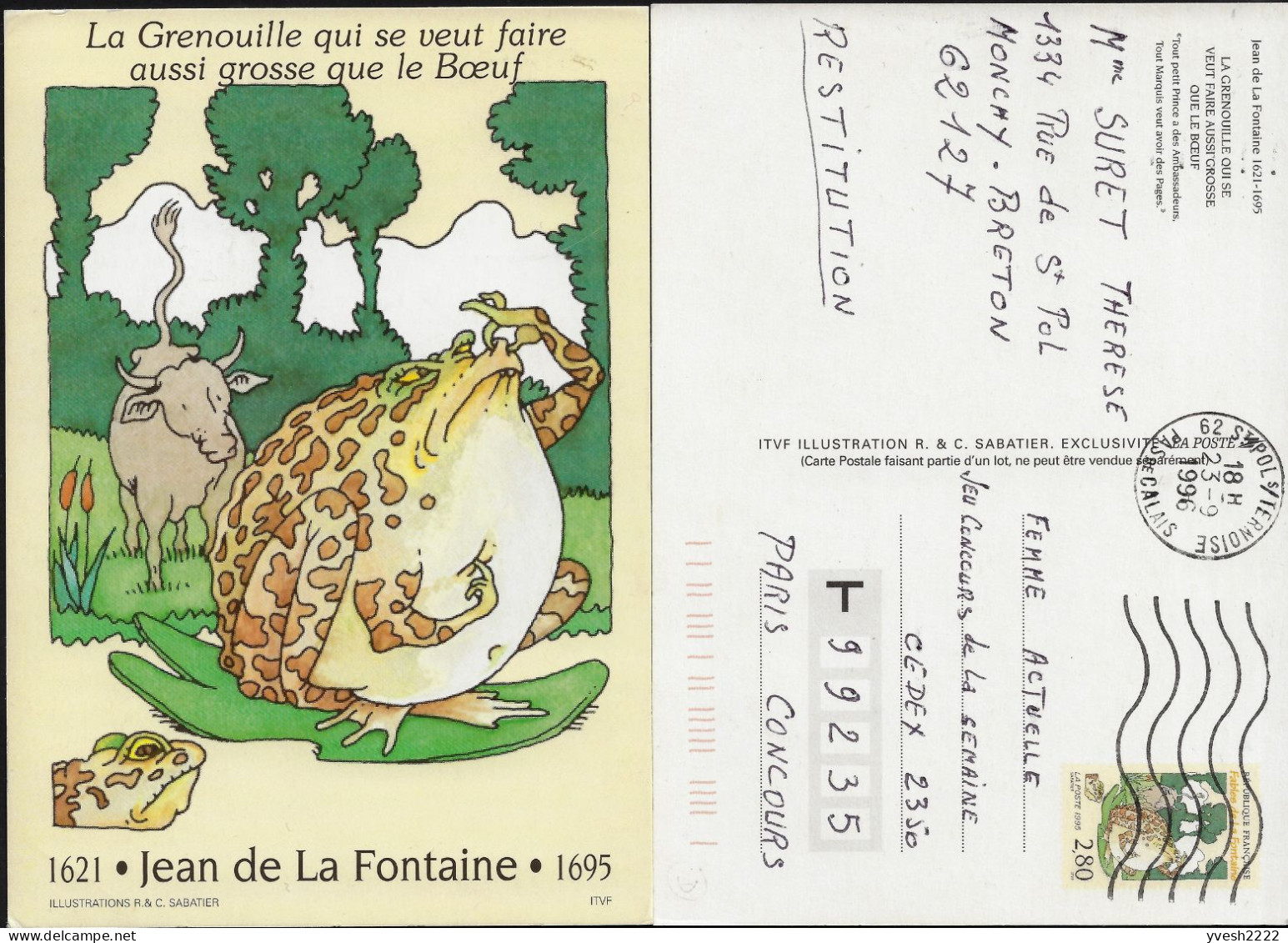 France 1995 Y&T 2959 En Entier Postal, Utilisation Commerciale. La Fontaine, La Grenouille Qui Veut Se Faire ... Le Bœuf - Frogs